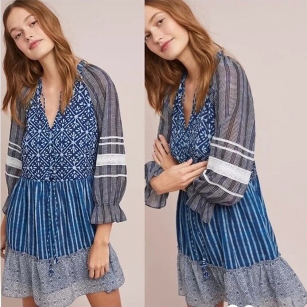 Hemant & Nandita Susan Mixed Indigo Boho Tunic Dress Medium Anthropologie Blue
